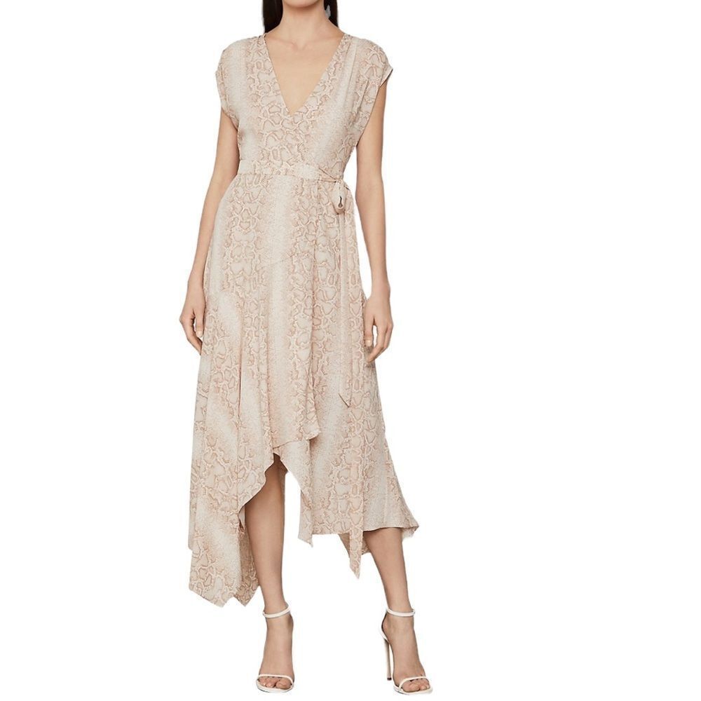 BCBGMAXAZRIA Python Print Asymmetrical Midi Wrap Dress Bare Pink XXS
